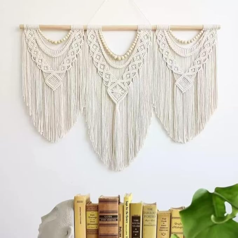 Tenture murale macramé bohème, Fait main en coton ivoire, Grand décor pour salon, chambre et mariages, Avec perles en bois beiges - 6