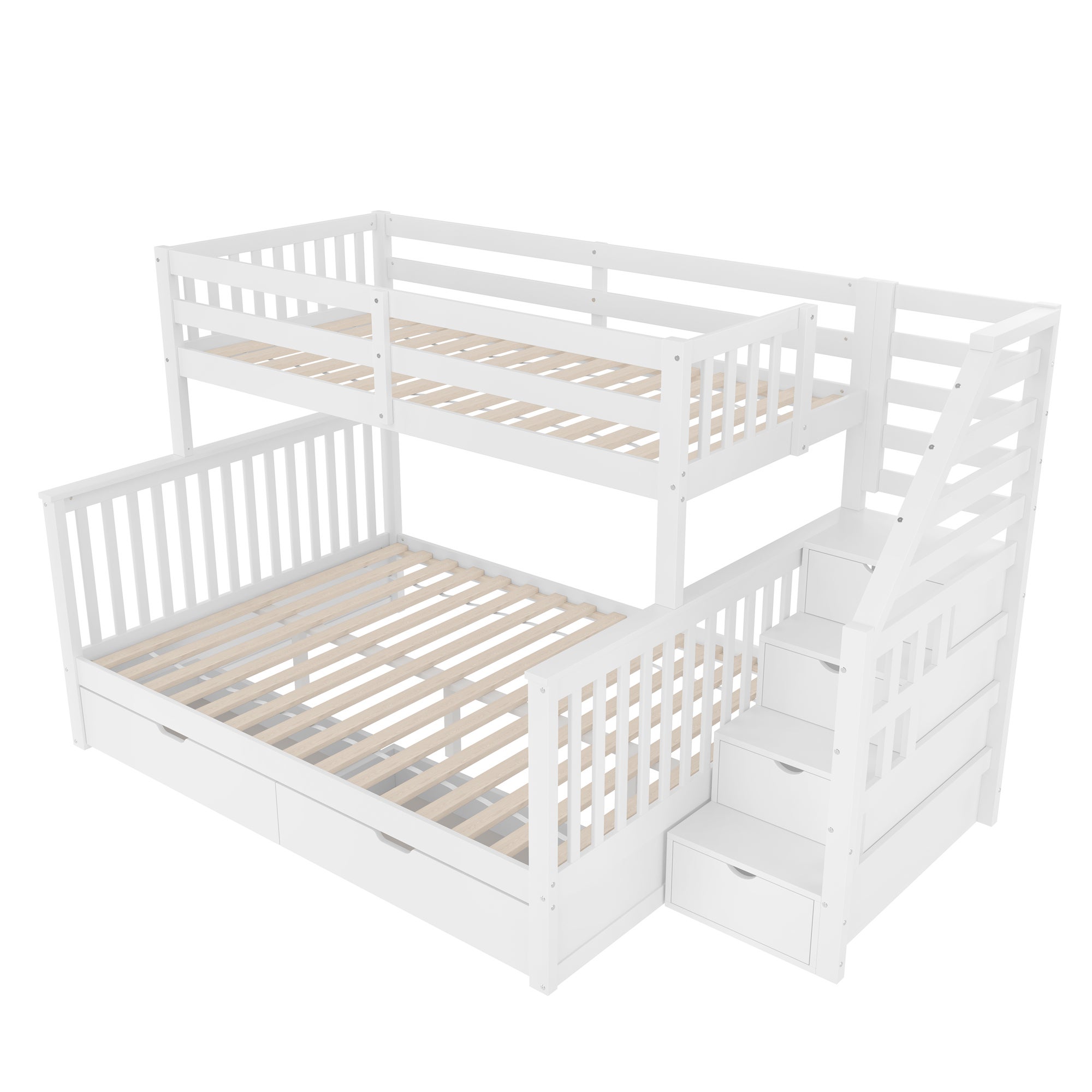 Lit superposé enfant 90x200cm et 140x200cm avec 2 tiroirs et un escalier de rangement, bois, blanc - 9