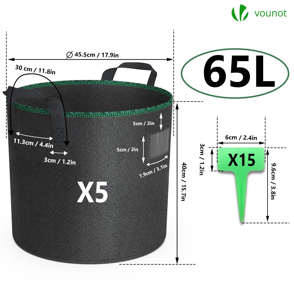 Lot de 5 sacs de plantation non tisse 65L avec poignee Noir VOUNOT® - 2