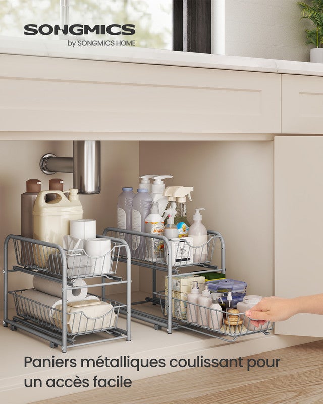 Organiseur de Cuisine, Étagère sous Évier, 2 Paniers Coulissants, Empilable,pour Rangement dans Placard, pour Cuisine, Salle de Bain,Gris Tourterelle - 2