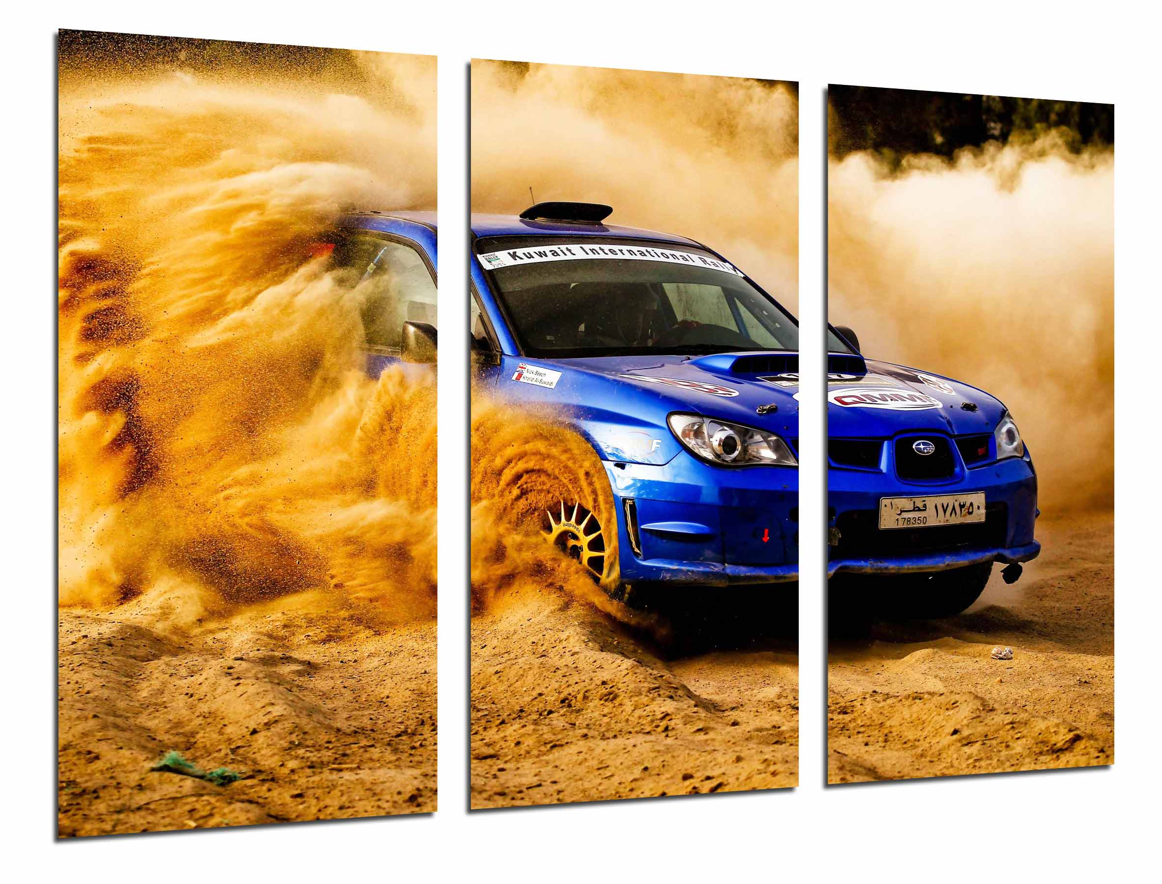 Paisaje desierto nuve arena, coche carreras azul rally, impresión fotográfica sobre madera, cuadro moderno decorativo