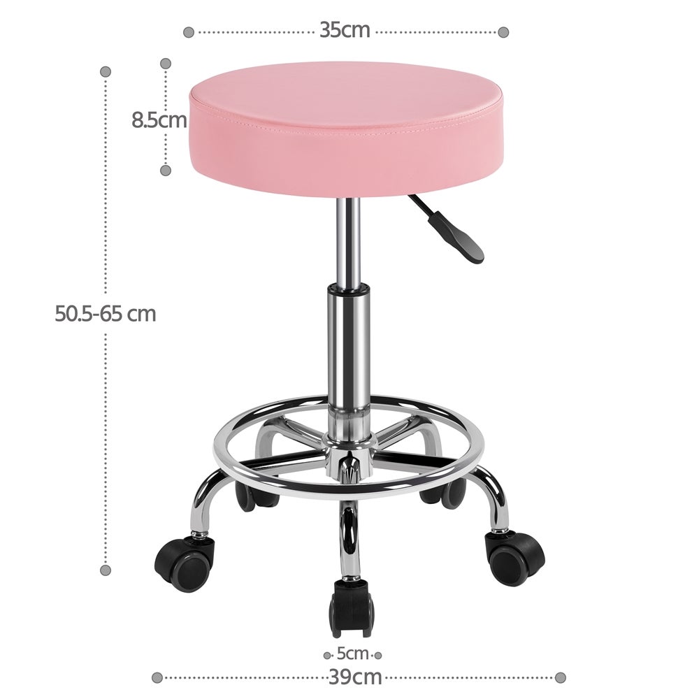 Tabouret Rond à Roulettes avec Assise Réglable en Hauteur et Revêtement en Similicuir Rose Yaheetech - 4