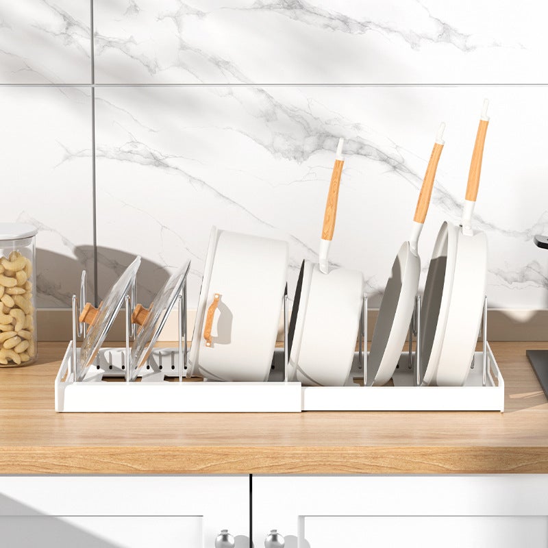 Wysuwana półka kuchenna, stojak do przechowywania patelni i desek do krojenia, nie wymaga wiercenia, biała, 7 stalowych wsporników