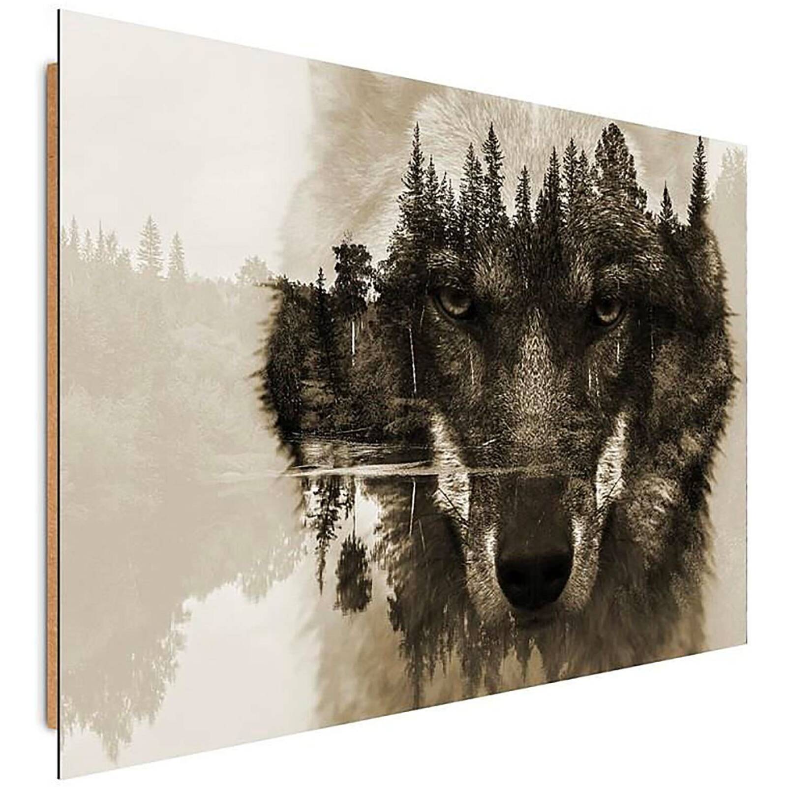 Tableau bois loup sur un fond de forêt - brun - 80 x 60 cm - 2
