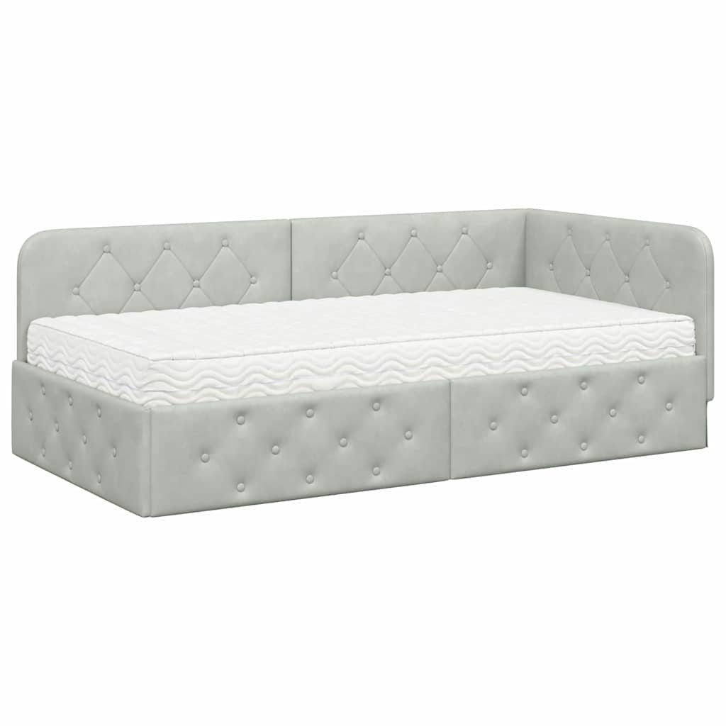 Cadre de lit d'angle en velours gris clair pour la chambre, 90 × 190 cm - 2