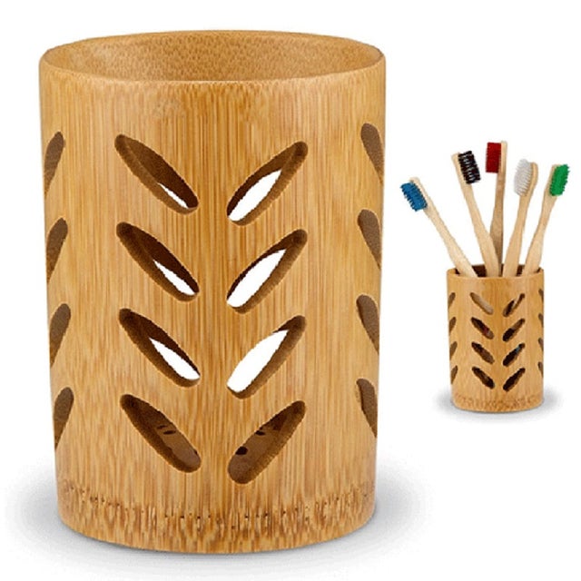 Lexon Pot Brosse à Dent Bambou Blanc - Accessoire Salle De Bain Design 8.4x8.4x10.5cm