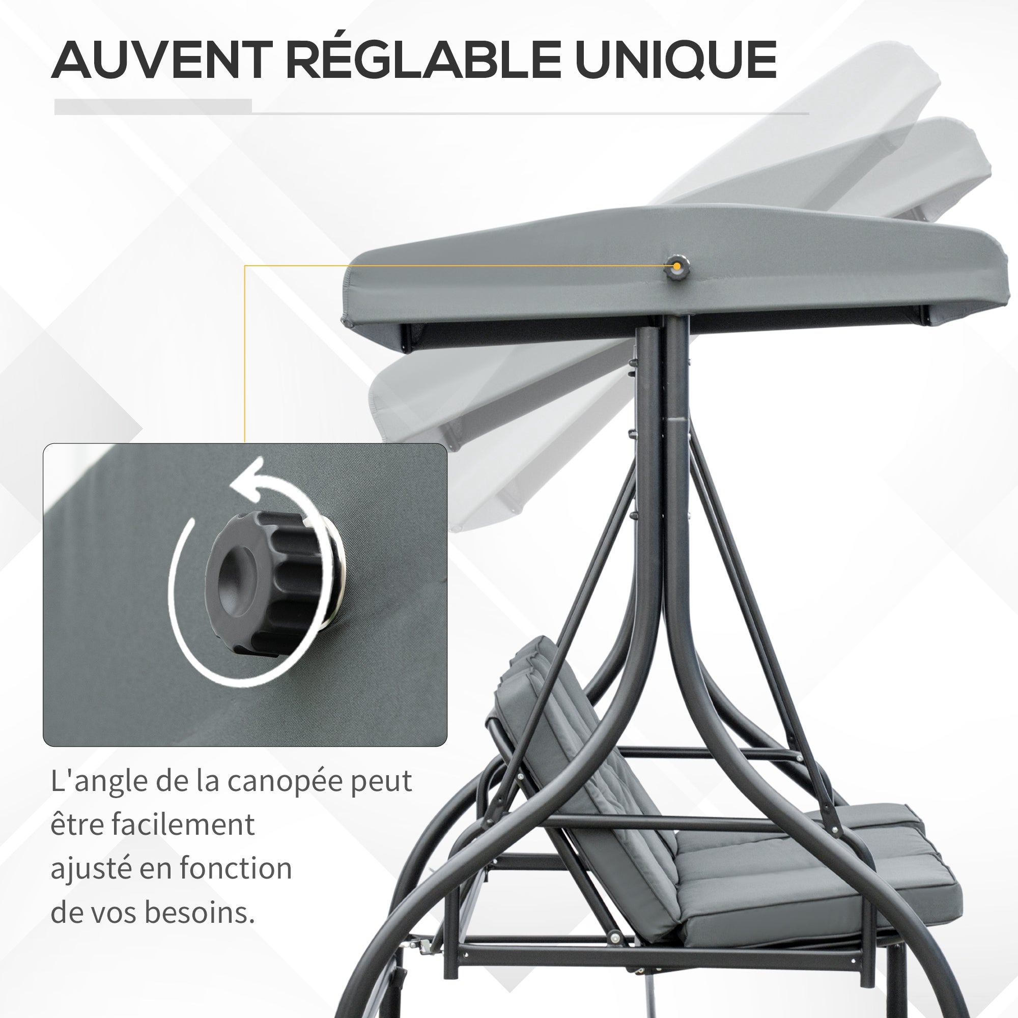 Balancelle jardin 3 places convertible inclinaison toit réglable matelas grand confort rembourrage 7 cm fourni - 6
