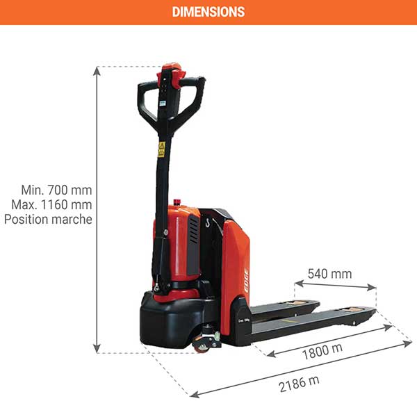 Transpalette électrique long - Fourches 1800x540mm - Charge max 1.5T - Batterie lithium - Industrie et logistique - PTE20N-1800 - 2