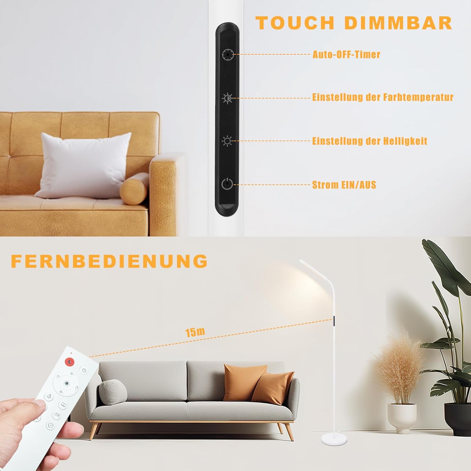 ZMH Lampada da terra a LED per soggiorno, lampada da terra bianca variabile, 11W, divano flessibile a 360° - 6