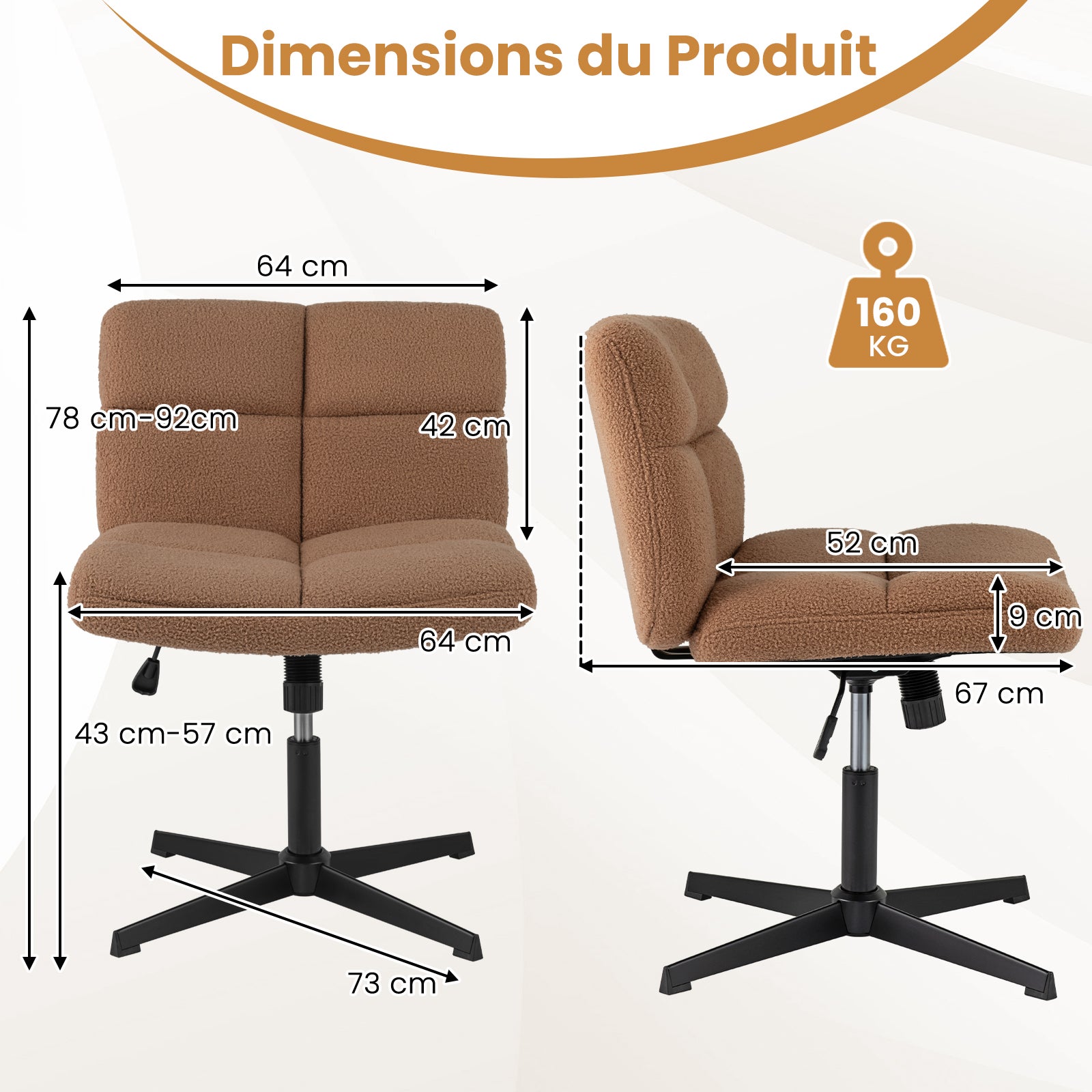 Krzesło biurowe z imitacji owczej wełny bez podłokietników, krzesło obrotowe z krzyżowymi nogami, regulowana wysokość, nośność 150 kg, brązowe - 3