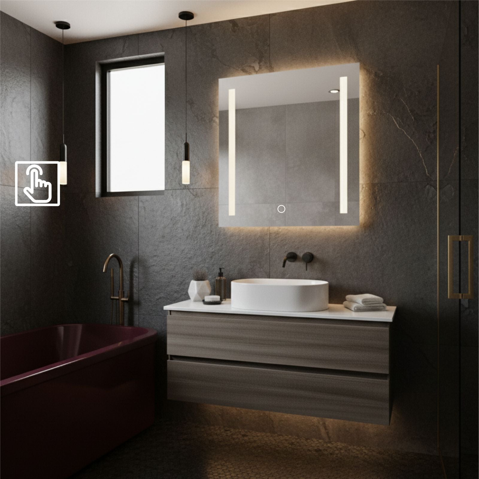 Specchio a filo lucido 60x80H cm con fascie sabbiate verticali, retroilluminazione led perimetrale e touch frontale - 6