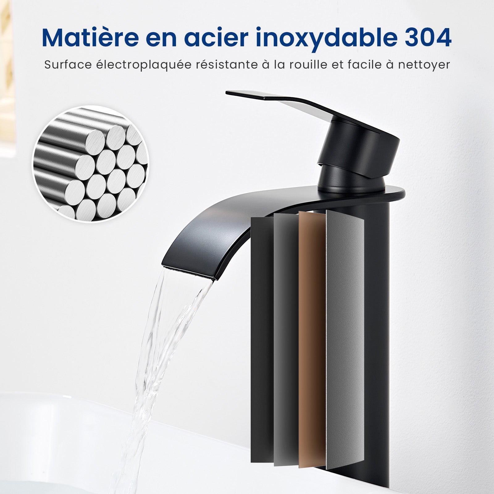 Mitigeur Robinet de Lavabo Cascade Noir Moderne Mitigeur Robinet Salle Bain pour Vasque à Poser Robinetterie Convient pour un Lavabo - 6