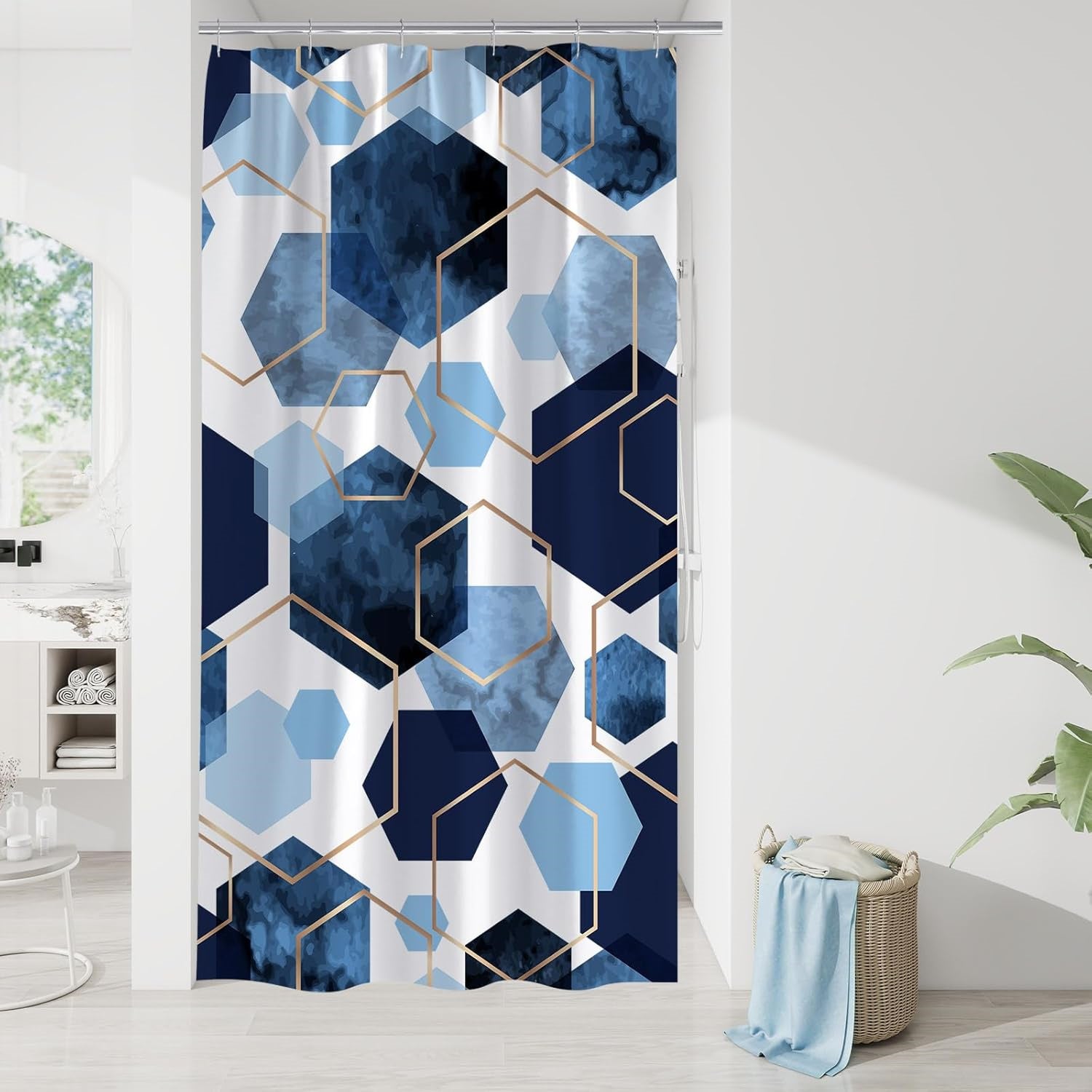 Nowoczesna zasłona prysznicowa do łazienki, niebieski wzór geometryczny, wodoodporna, 90 x 180 cm