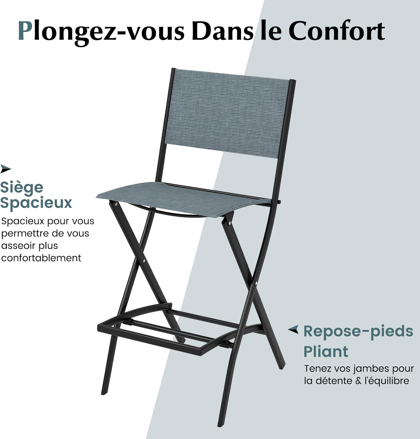 Set di Sgabelli da Bar 2 Pezzi, Sedie Alte e Pieghevoli con Telaio in Metallo e Poggiapiedi, Sedie da Bar per Balcone, Giardino e Piscina (Blu - 7