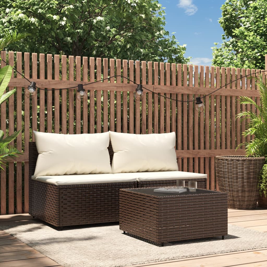 Salon De Jardin En Résine Tressée Marron, 3 Pièces Avec Coussins