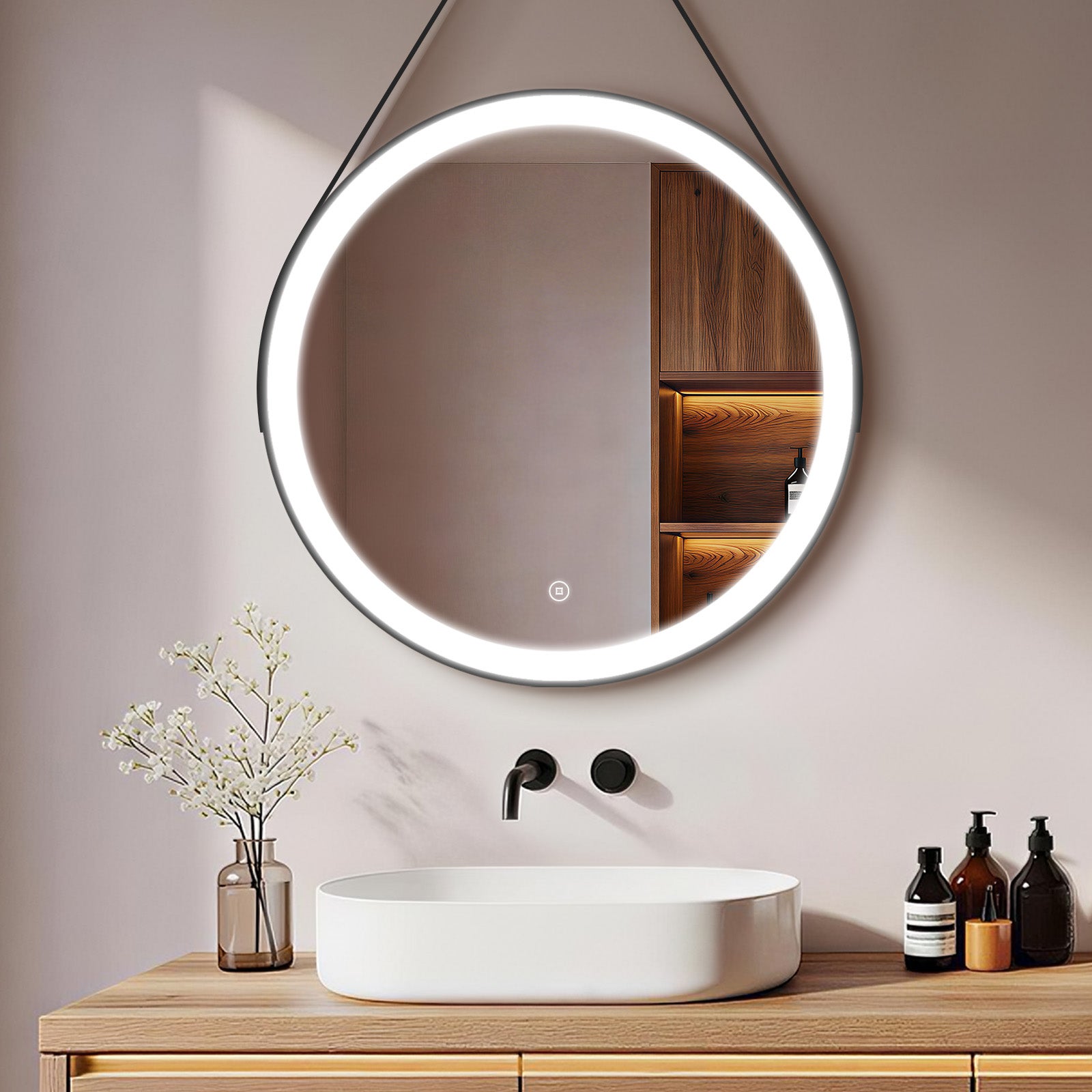 Lustro łazienkowe LED okrągłe 50 cm 6500 K zimne białe światło, dotykowe, regulowane, funkcja pamięci, szkło hartowane HD, czarna rama, IP44