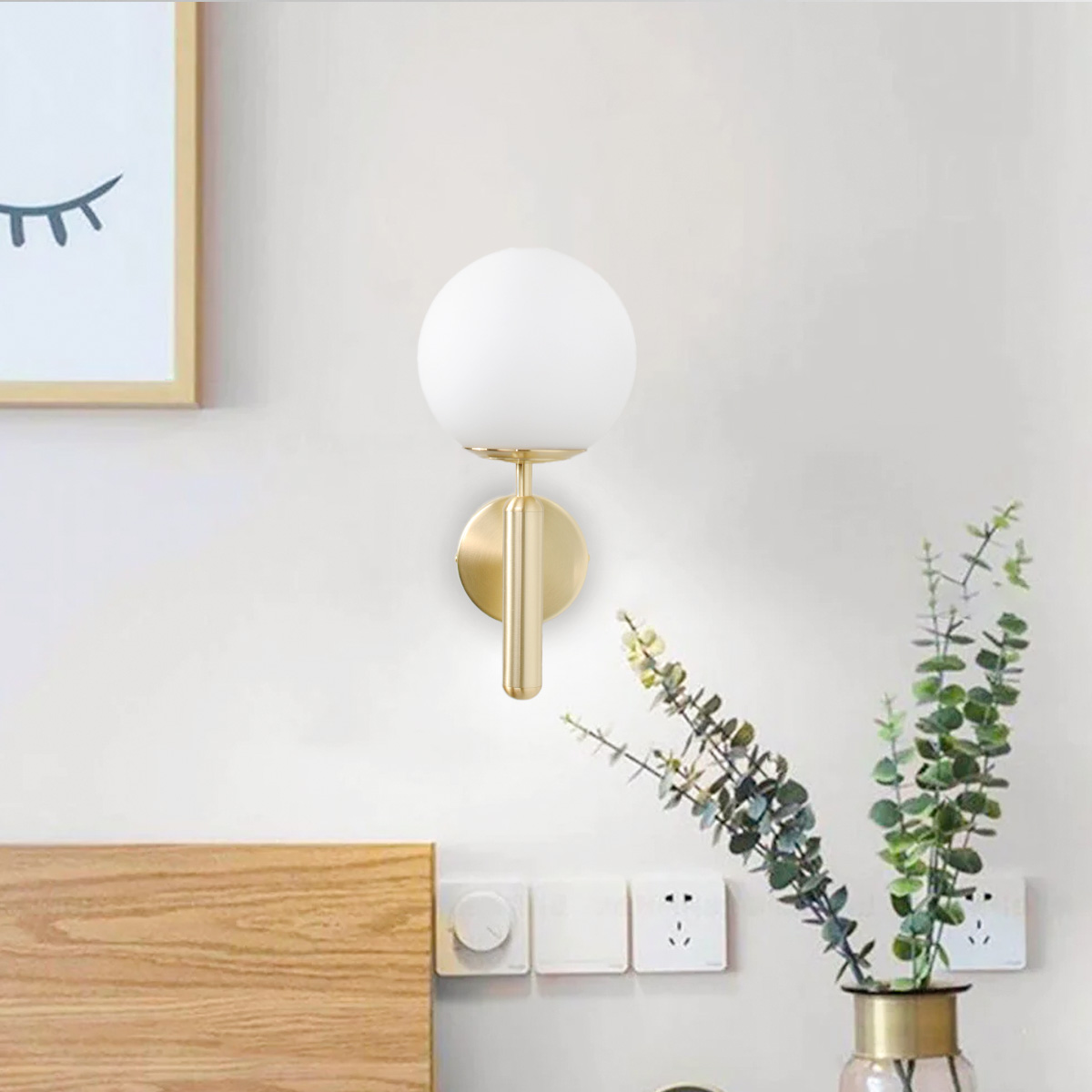 Aplique de Pared, Bola de Cristal Opalina y Soporte Dorado, Casquillo E27, Ideal para Dormitorio, Salón y Pasillo - 3