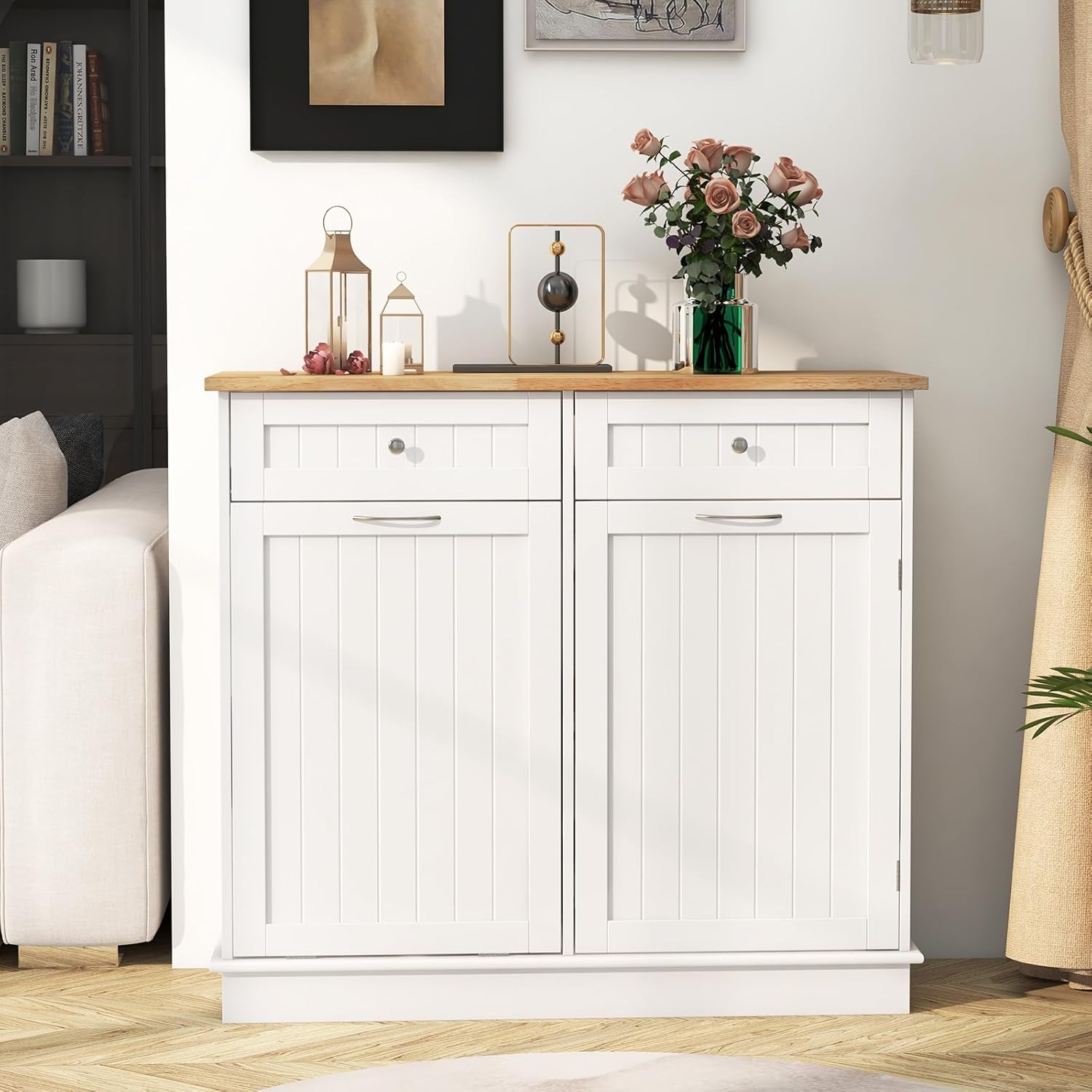 Buffet de Cuisine avec 2 Tiroirs et Placard Poubelle 42L(sans Seau), Plateau en Bois Massif, 100 x 35 x 91 cm, pour Cuisine, Salle de Bain, Blanc - 8