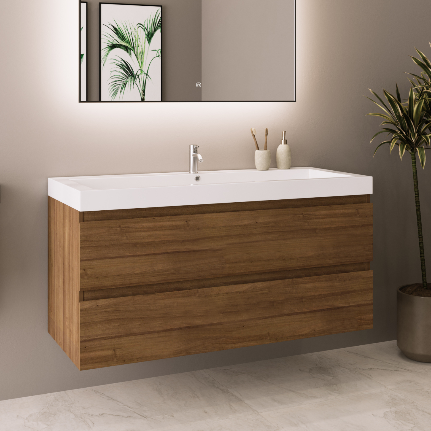 Mobile bagno sospeso con lavabo bianco 100 cm rovere dorato con 2 ...