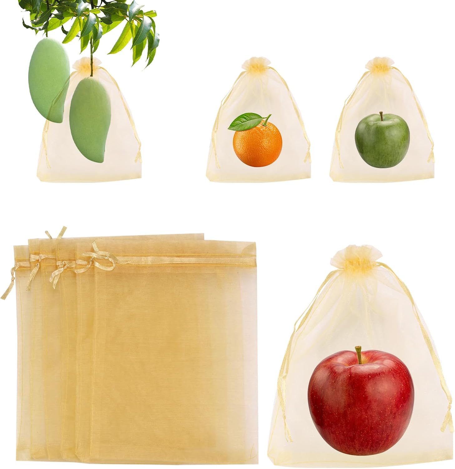 Zestaw 100 worków ochronnych na owoce – 15 x 20 cm, ze sznurkiem ściągającym, na owoce i kwiaty (złote)