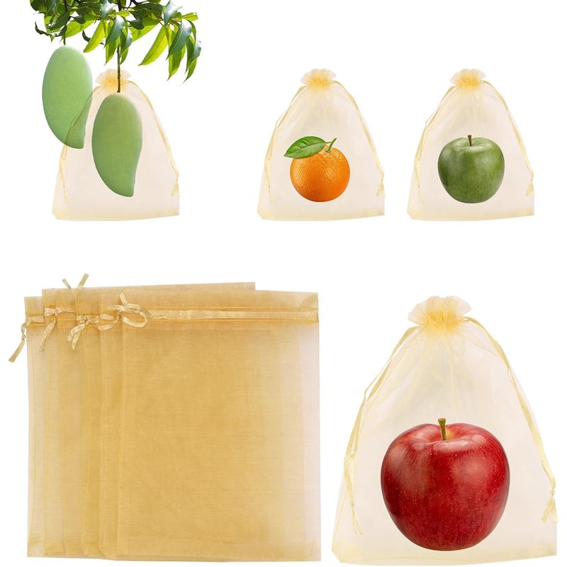 Zestaw 100 worków ochronnych na owoce – 15 x 20 cm, ze sznurkiem ściągającym, na owoce i kwiaty (złote)