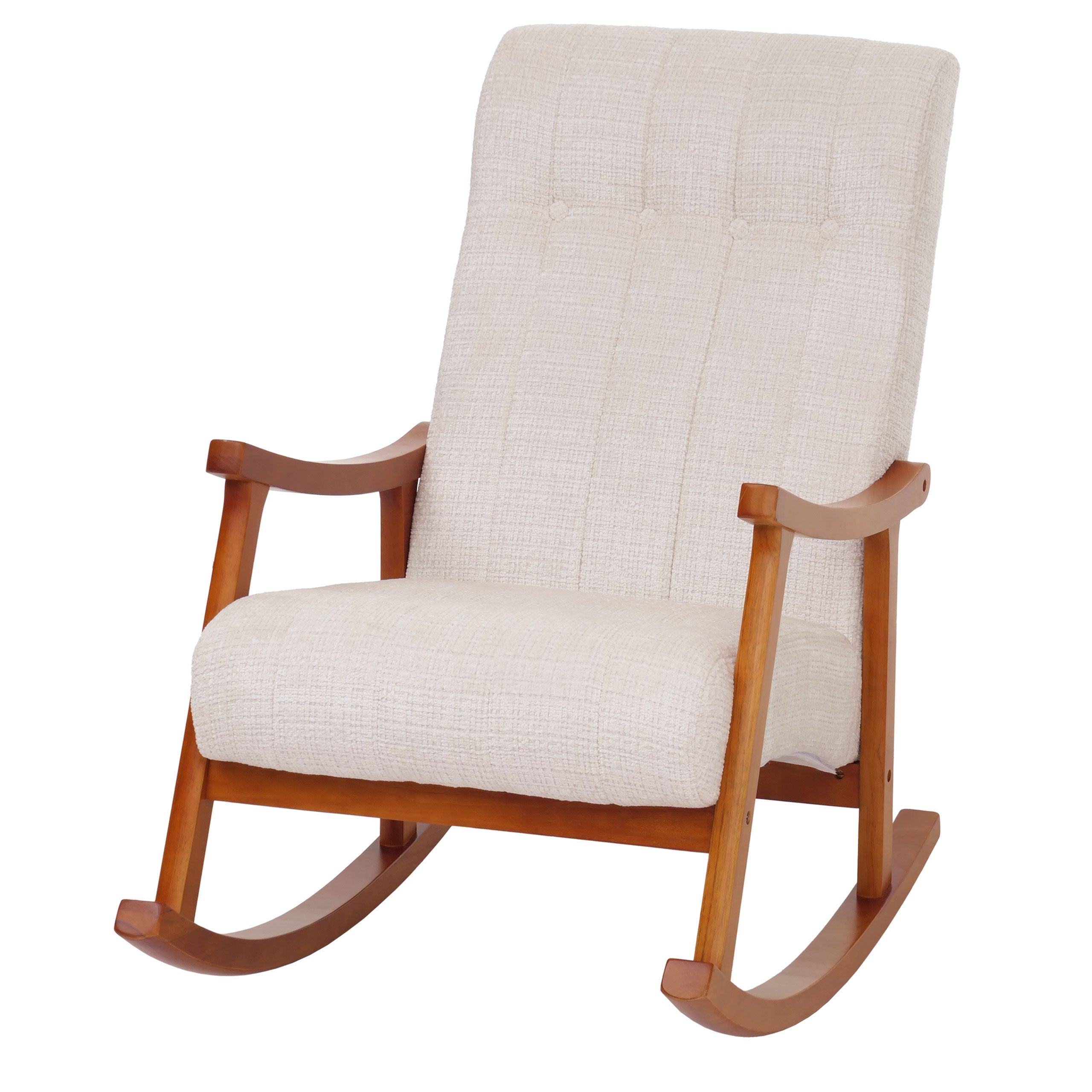 Silla mecedora hwc-k10, sillón relax, madera mvg, tela/tejido chenilla (465 g/m²) ~ color crema, estructura con acabado en nogal
