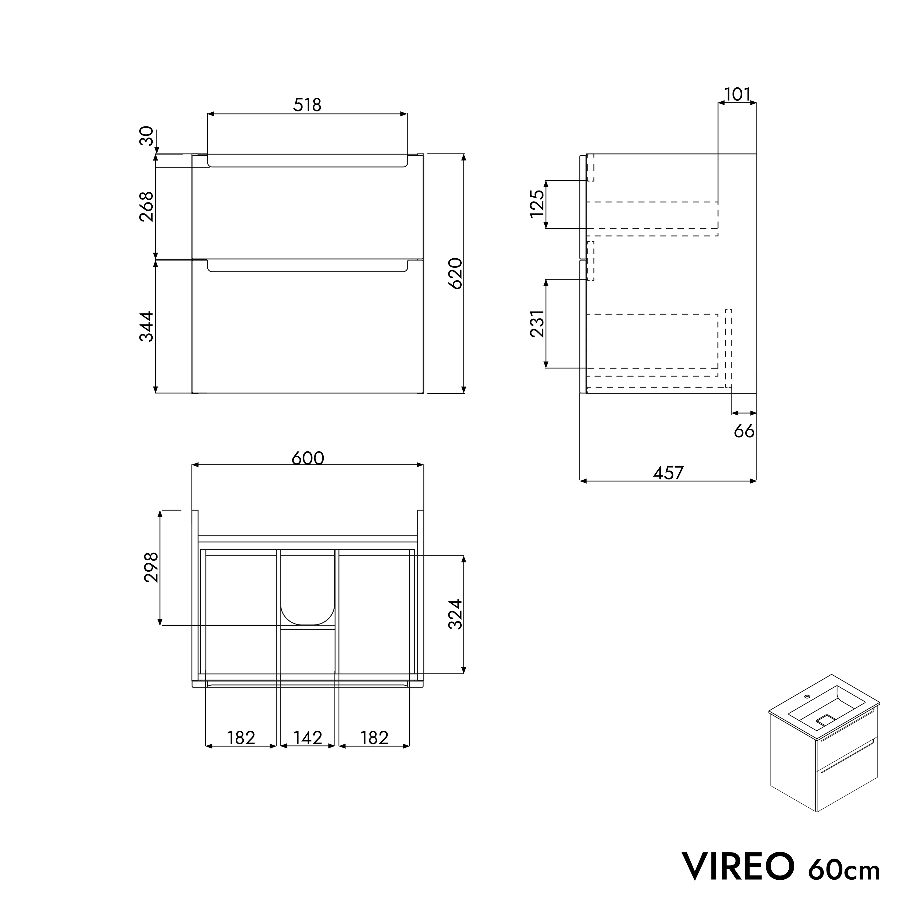 BERNSTEIN - Meuble vasque suspendu MDF Chêne miel, lavabo fonte Noir mat + trou robinet, tiroirs pivotants - 60x46x62cm - VIREO - 6