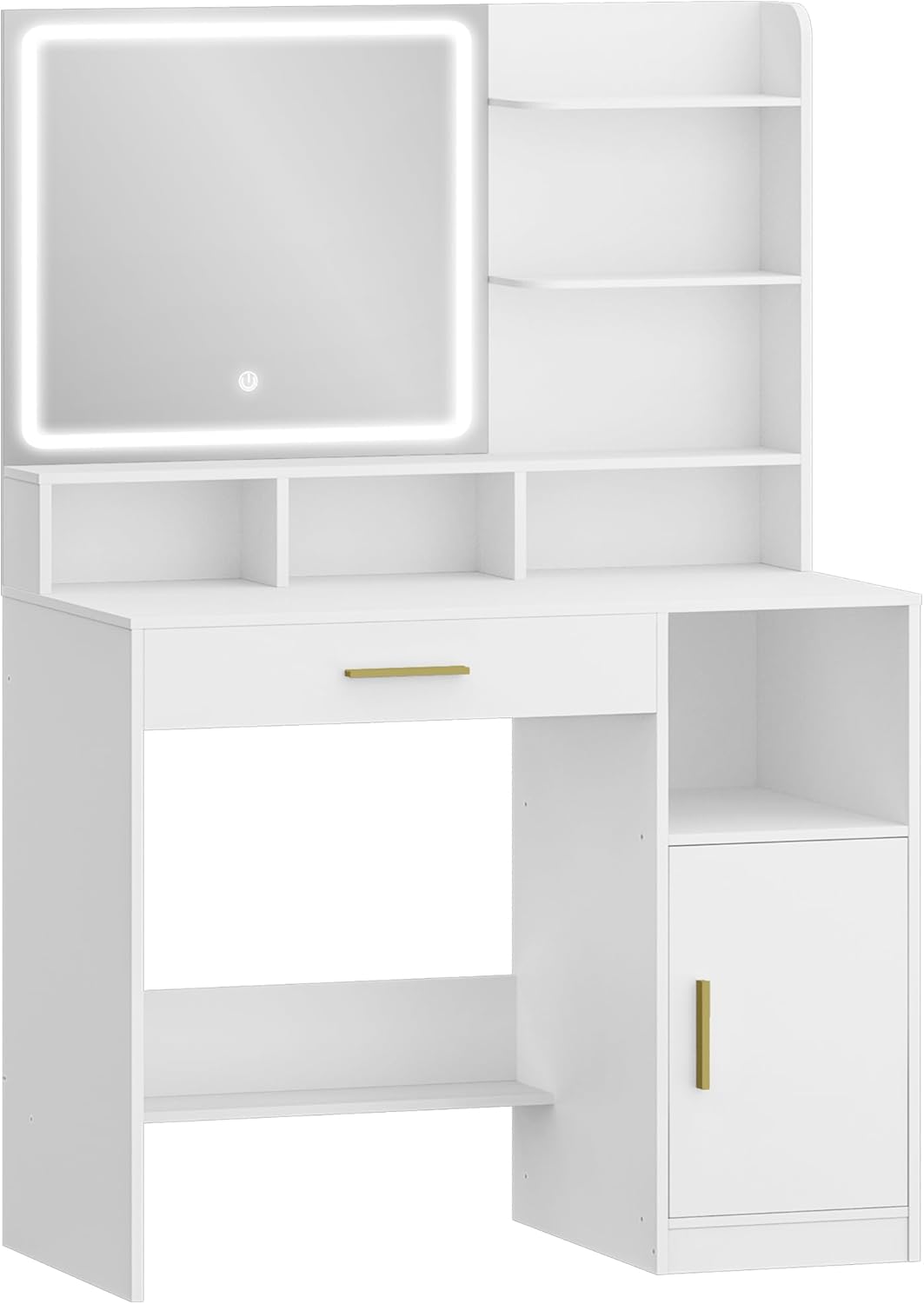 Coiffeuse avec Miroir et éClairage LED, 3 éTagèRes et 4 Compartiments Ouverts, Grands Tiroirs et Rangements, 3 Niveaux D'Intensité RéGlables, Blanc - 7