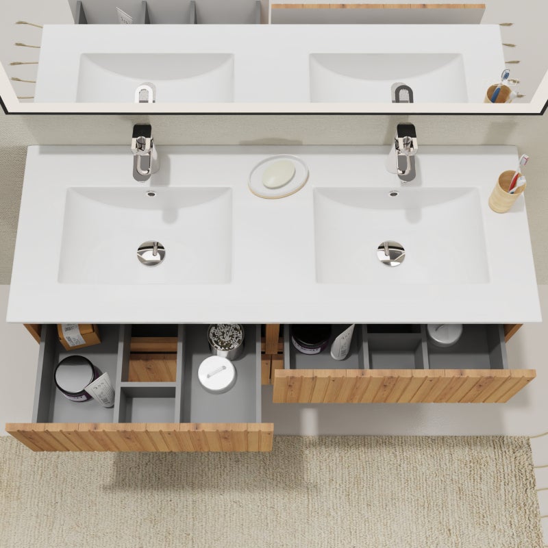 Meuble salle de bain 120 cm - Double vasque céramique - Effet bois strié - A suspendre - Karaib 2 - 2