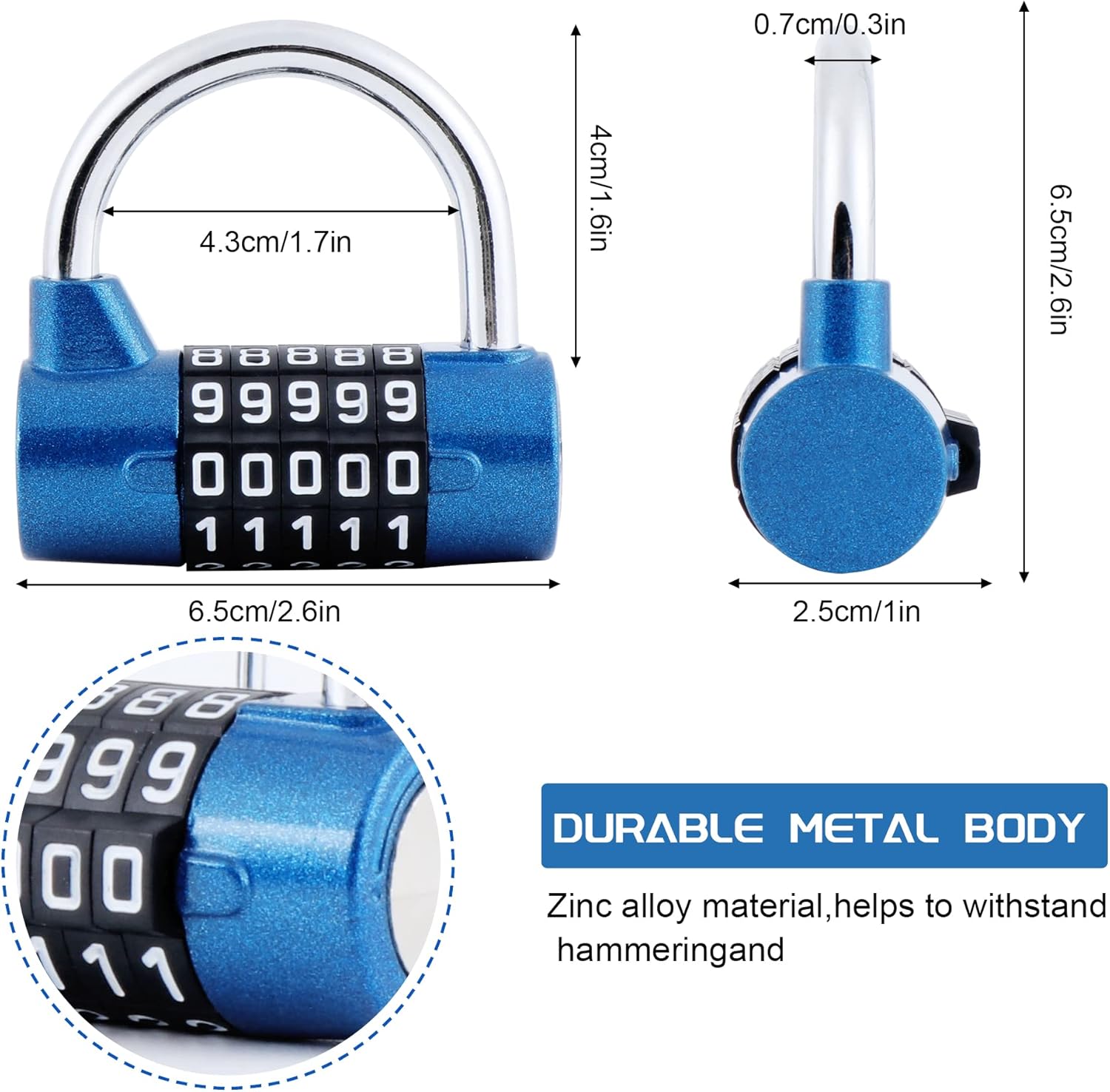 Zarker XB35 Lucchetto A Combinazione Fissa 8 Cifre: Sicurezza Per Armadietti E Palestra (Blu) - 5