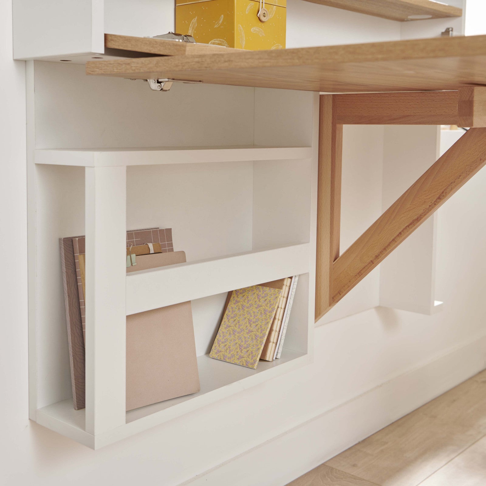 Bureau mural rabattable chêne et blanc 100cm - avec passe câbles - 6