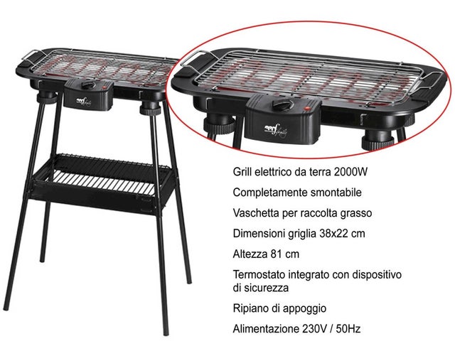 Barbecue Elettrico Bbq Supporto Griglia Elettrica Bistecchiera 2000w 38x22 Cm