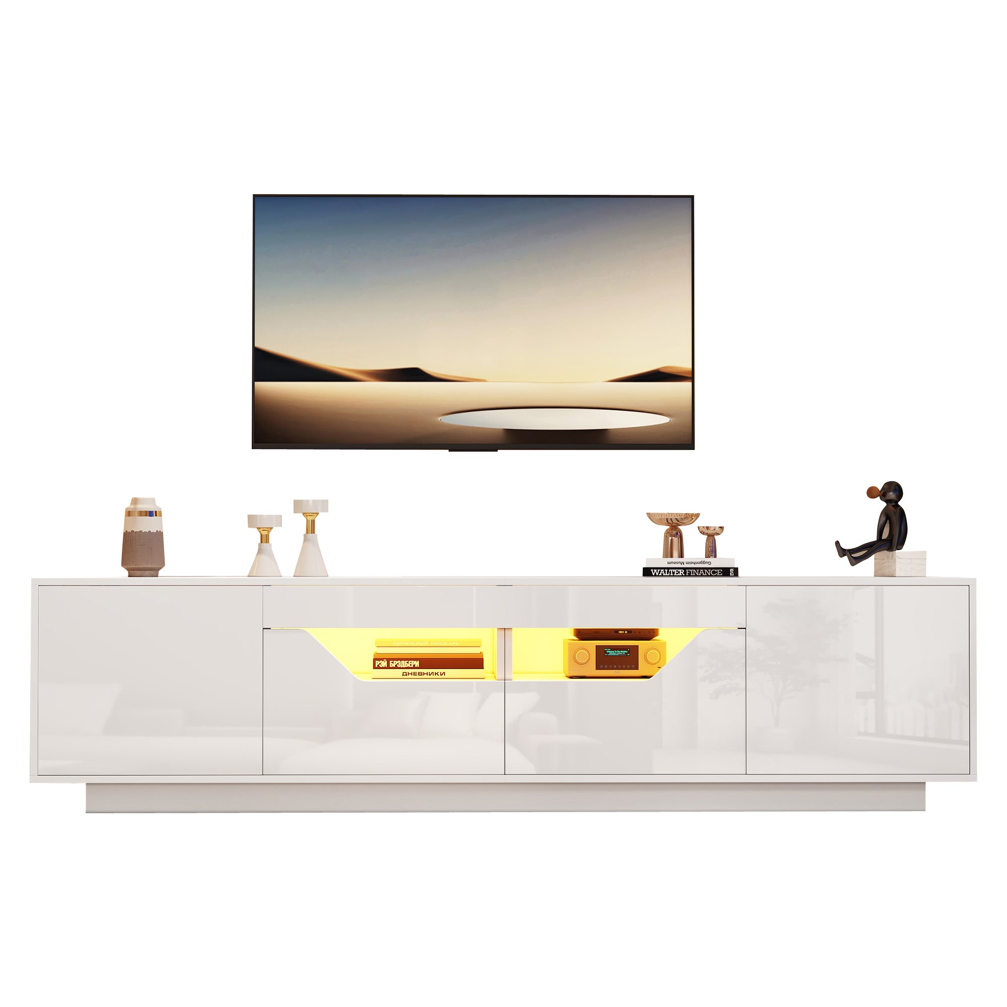 Meuble TV brillant 180x40x45 cm - avec éclairage LED - 2 tiroirs et 2 portes - Compatible avec téléviseurs 75 pouces - Blanc - 9