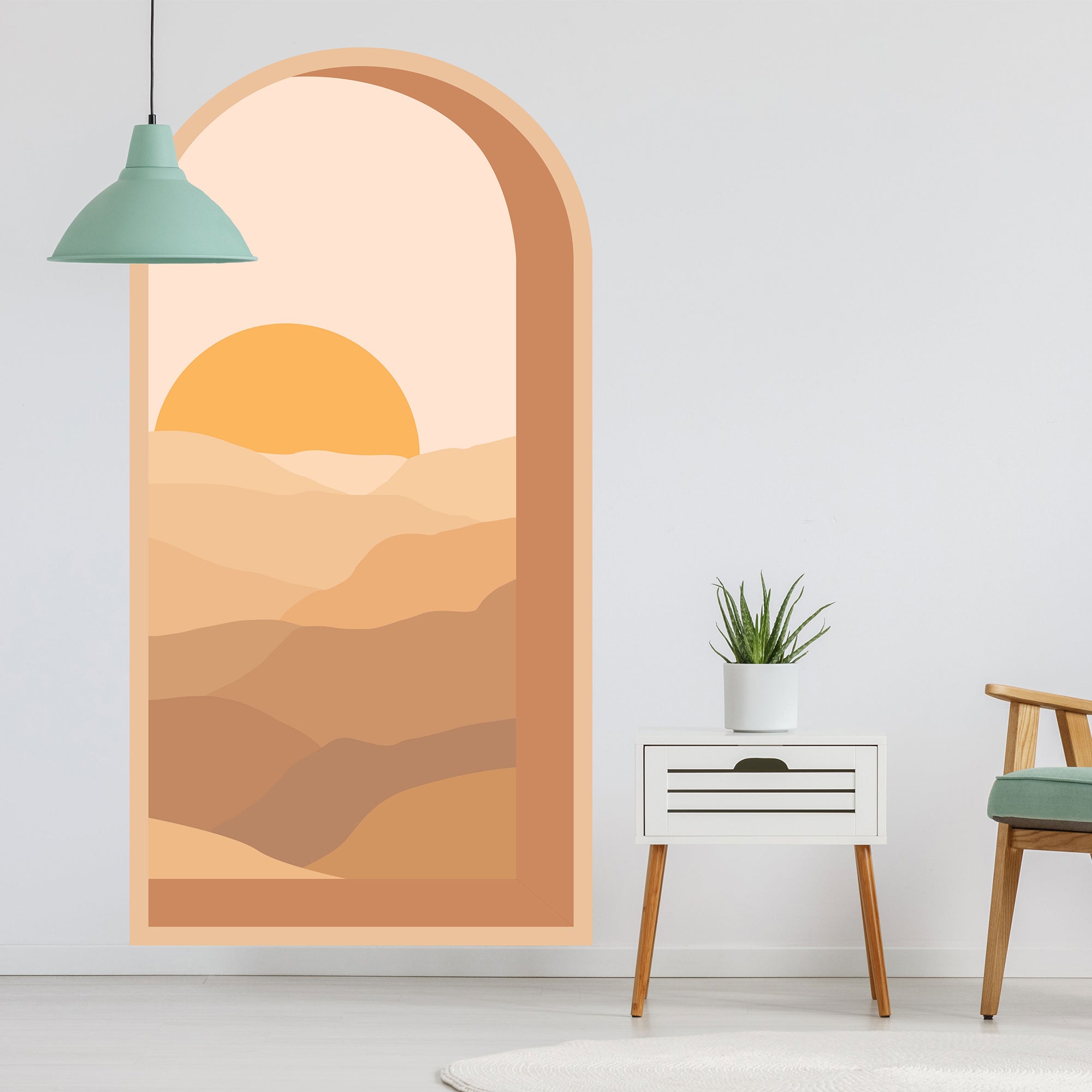 Corte de decoración panorámica grande, arca gráfica trompe l'oeil con vista al desierto, pegamento intcrito activado con agua, 154 cm x 80 cm