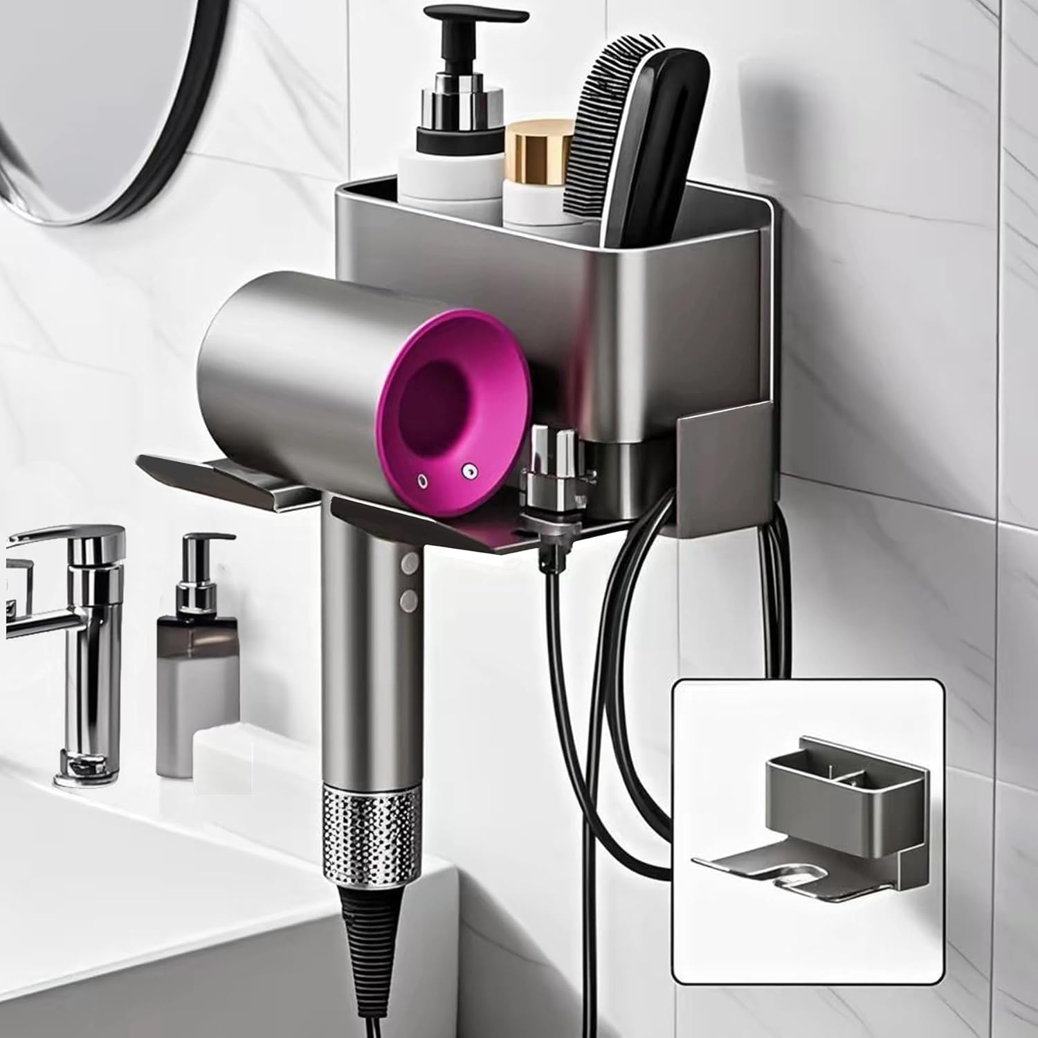 Support Sèche-Cheveux Mural 2 En 1 Gris - Porte Sèche-Cheveux Avec Rangement Et Range-Câbles Pour Salle De Bain