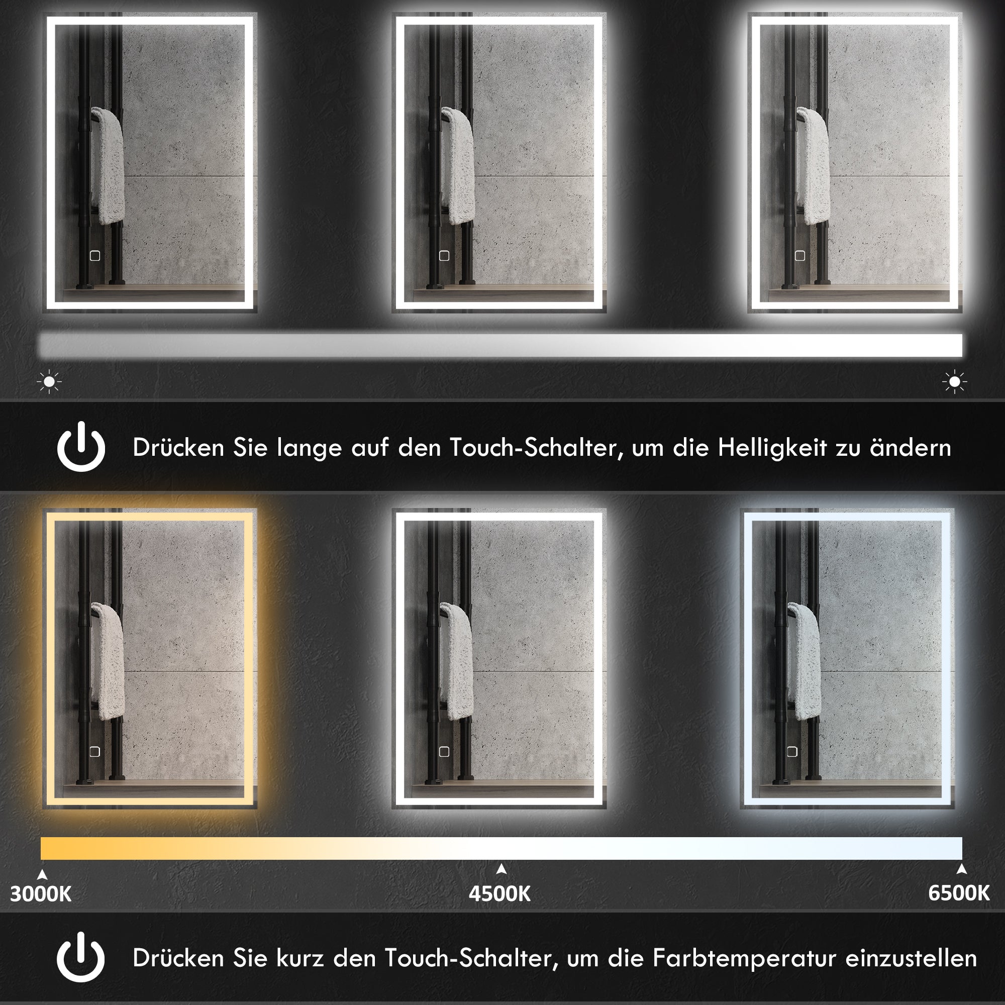 Specchio da bagno, specchio da parete con LED e interruttore touch, bianco - 6