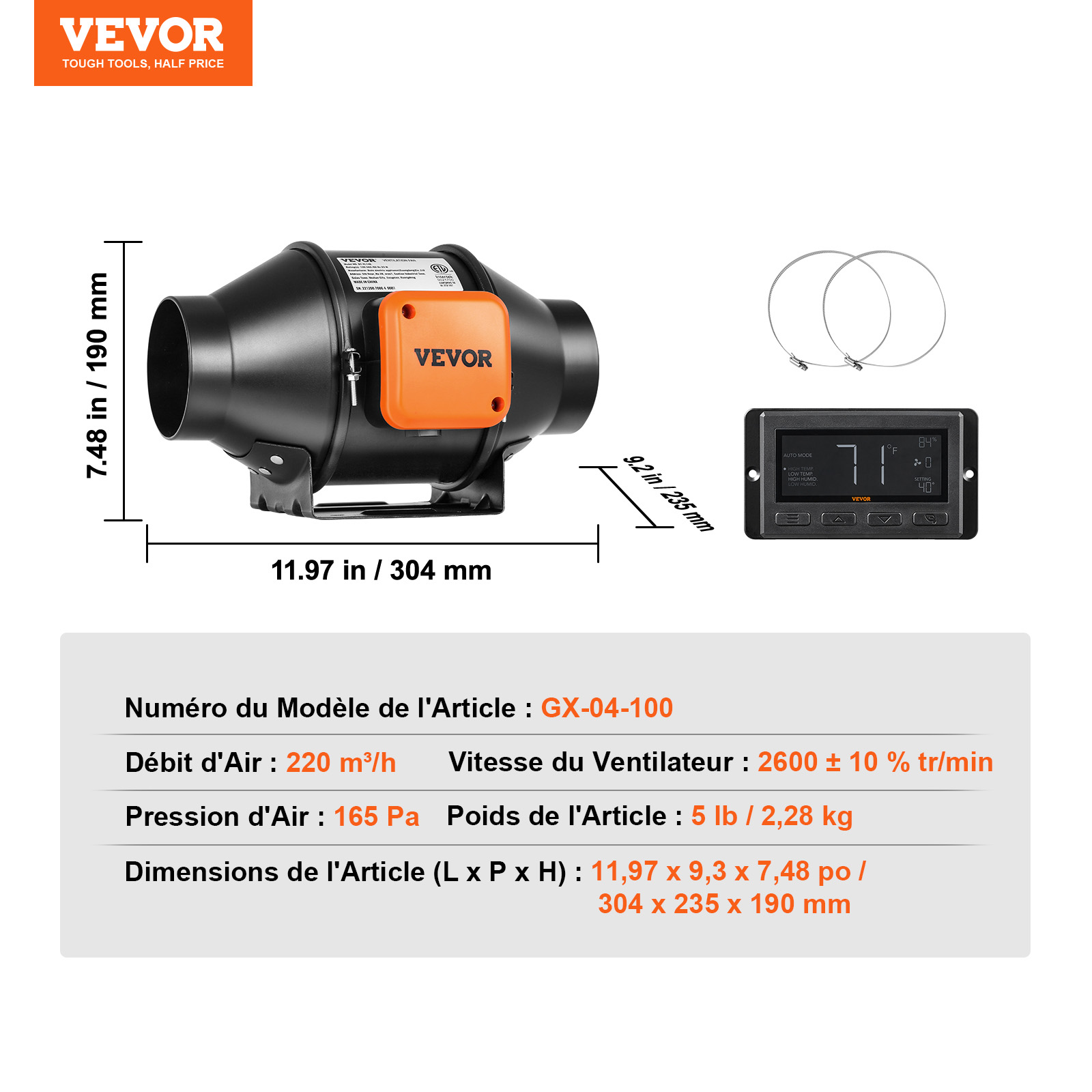 Ventilateur d'Extraction en Ligne VEVOR 100 mm Extracteur de Conduit d'Air avec Capteur de Température pour Salons Tentes Cuisines Sous-Sols - 7