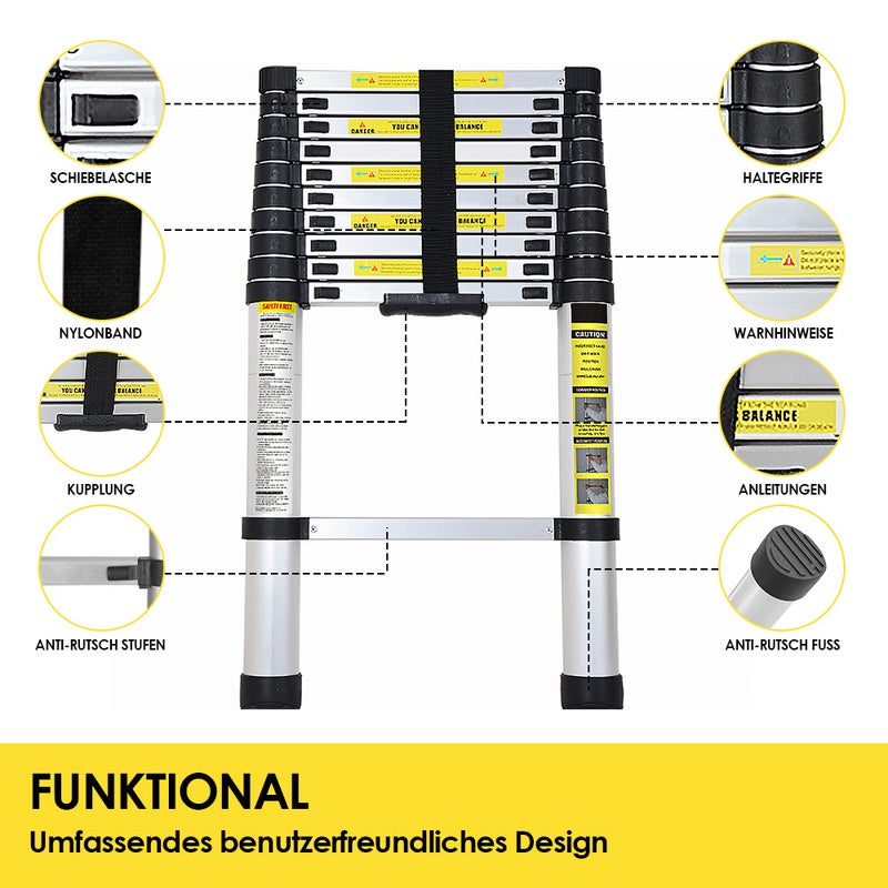 Échelle télescopique échelle extensible jusqu'à 150 kg Escabeau stable en aluminium 4,4 m - 2