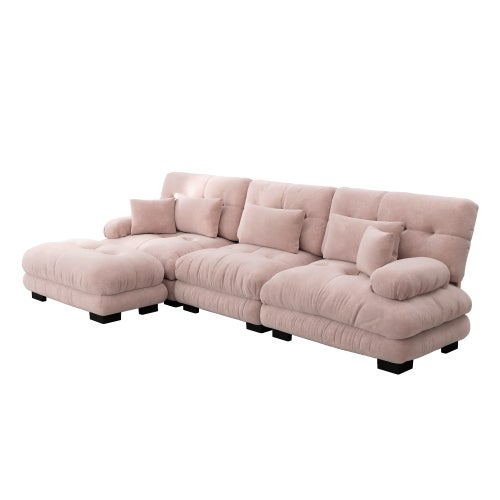 Canapé d'angle, canapé en U pour salon à 3 place avec pouf amovible, en tissu, rose - 6