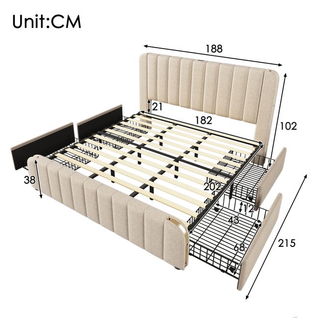 KUAKE Letto Matrimoniale Imbottito, 140 X 200, Cassapanca Con Funzione Di Ricarica USB Tipo C, Testiera, Struttura In Lino, Letto Per Ragazzi Con Rete A Doghe (140 X 200 Cm, Bianco