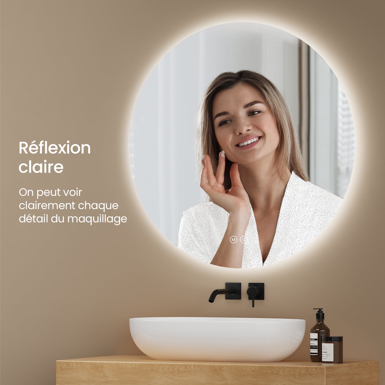 EMKE Miroir de Salle de Bain LED Rond Ø 50 cm, Sans Cadre, 3 Couleurs, Intensité Réglable, Design Épuré - 3