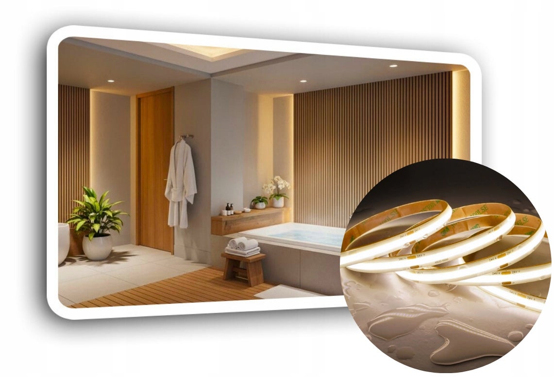 Lustro Led 90x60 cm Zaokrąglone Rogi Piaskowane Podświetlane + COB 480 Diod