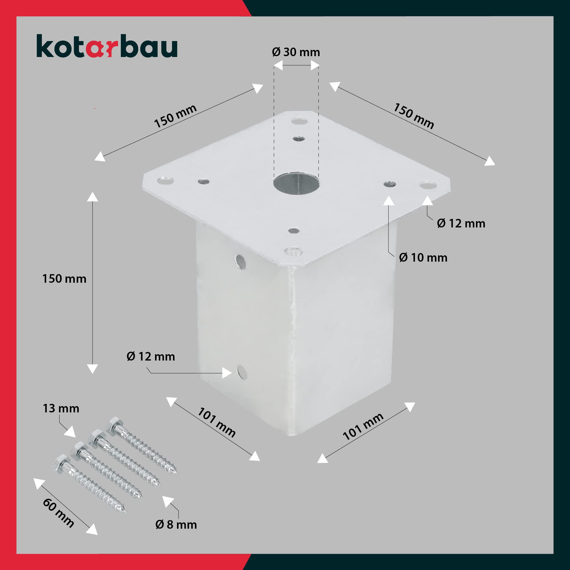Support Poteau Bois - à Visser - Acier Galvanisé - 100 x 100 mm - Argent - Pied de Poteau - Fixation Robuste - Résistant à la Corrosion KOTARBAU - 4