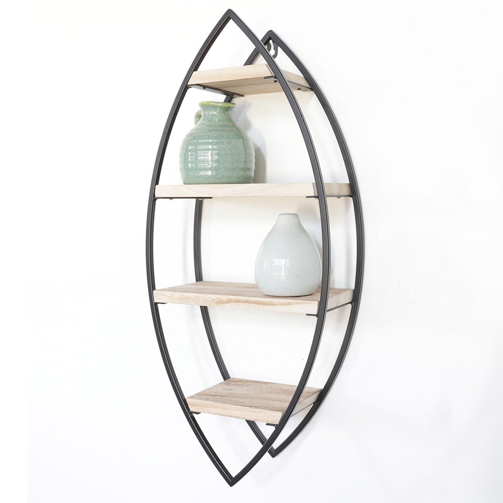 Vivol Étagère murale ronde en métal noir avec 2 étagères en bois 37 x 10 cm