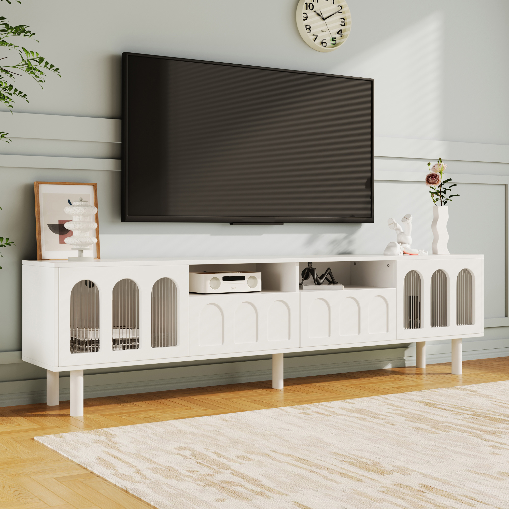 Meuble TV blanc avec portes et tiroirs en verre, 180*30*48 cm, meuble ...