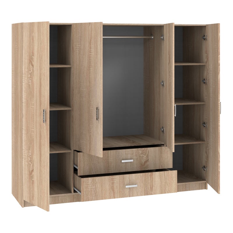 Roupeiro Sonoma 200 x 58 x 177 cm – 4 portas de abrir, varão metálico, prateleiras interiores e 2 gavetas, melamina resistente - 3