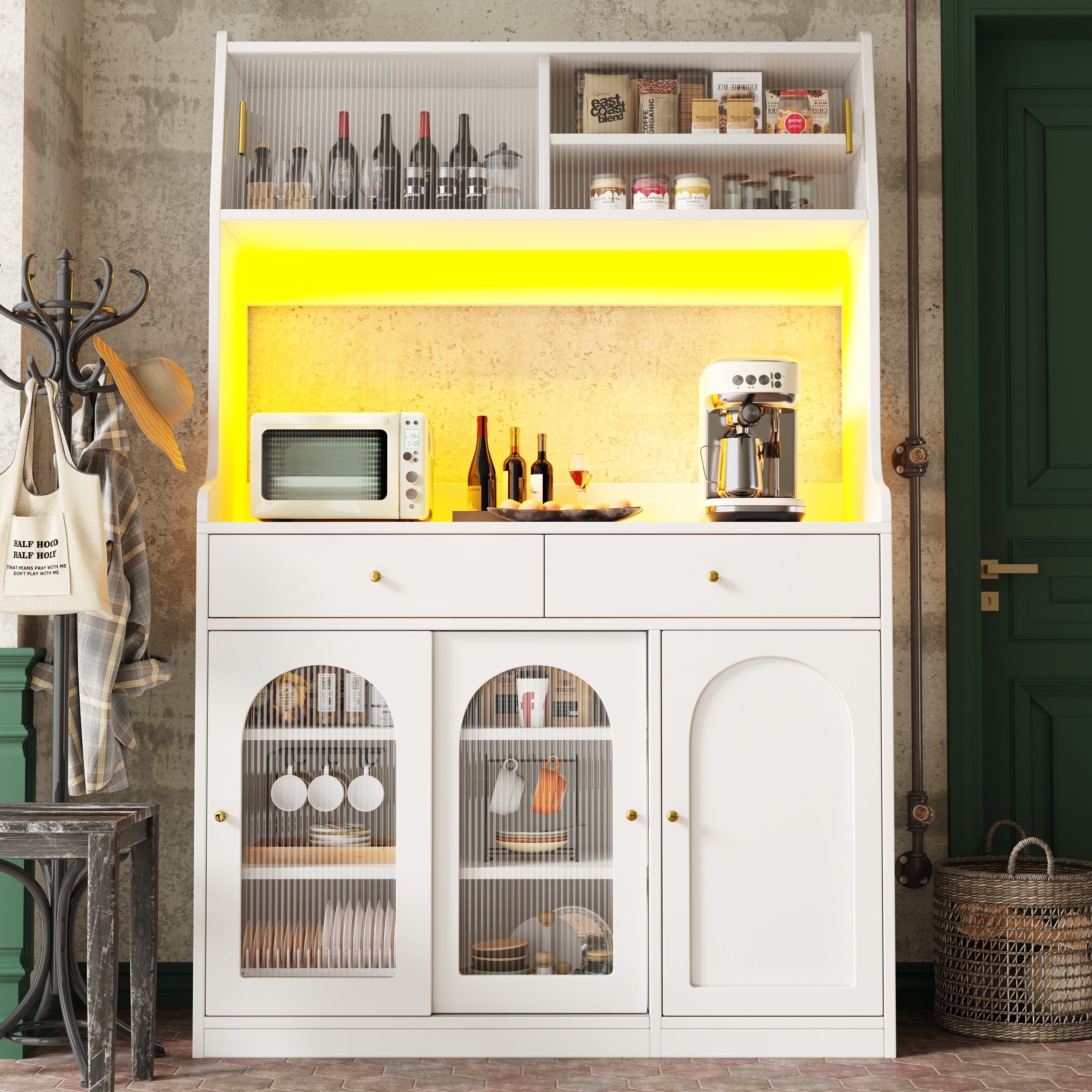 Kredens kuchenny 120x40x180 cm - z oświetleniem LED - 2 szuflady i 5 drzwi - regulowane półki - biały