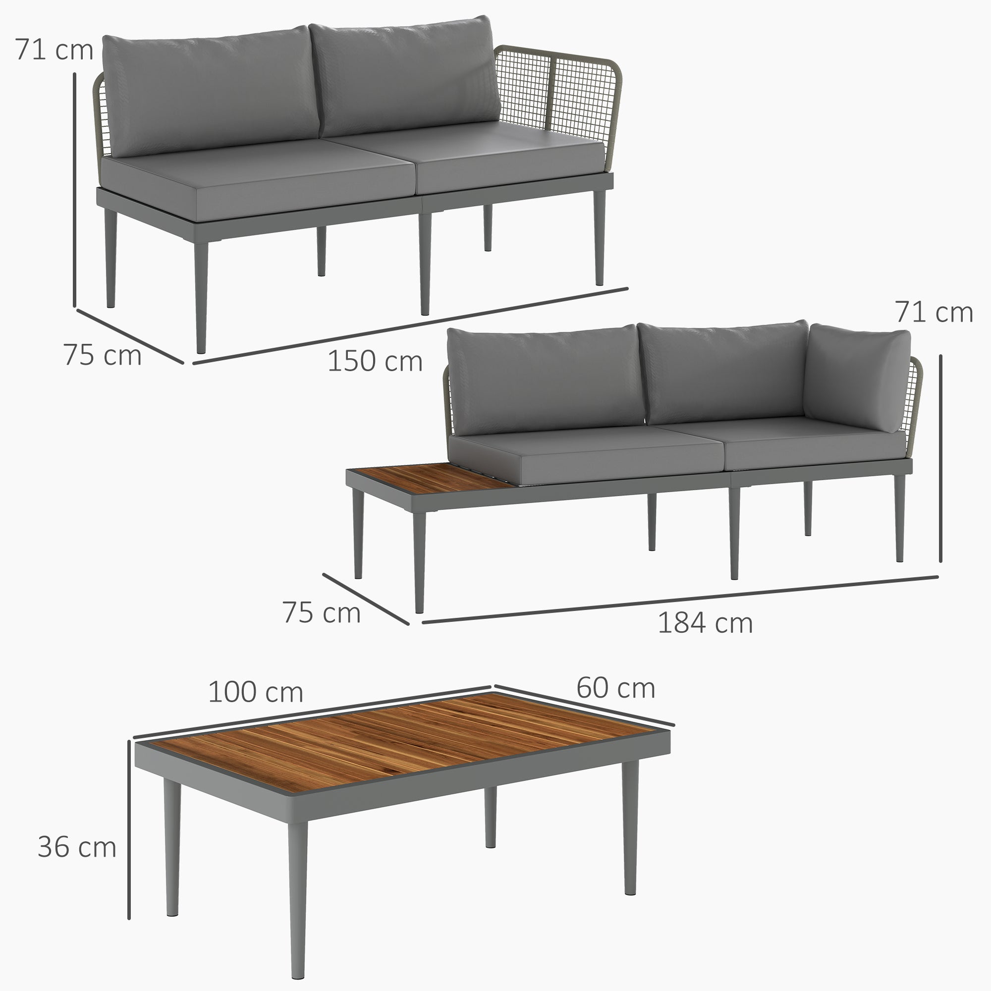 Outsunny Set da Esterno 3 Pezzi con 2 Divanetti 2 Posti e Tavolino Basso, in Rattan e Acciaio Grigio e color Legno - 3
