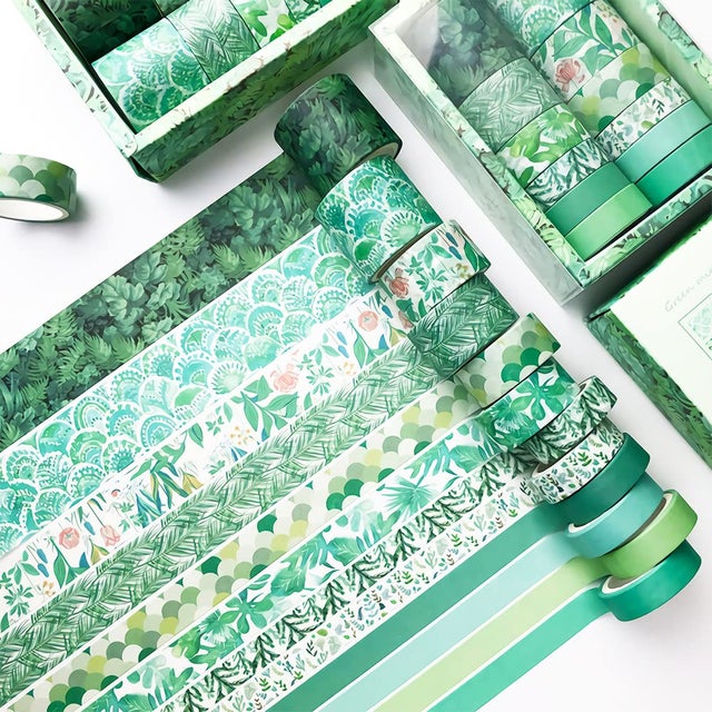 12 rouleaux de ruban adhésif décoratif de masquage, ruban Washi, rubans Washi verts, ruban adhésif décoratif de masquage avec 4 tailles