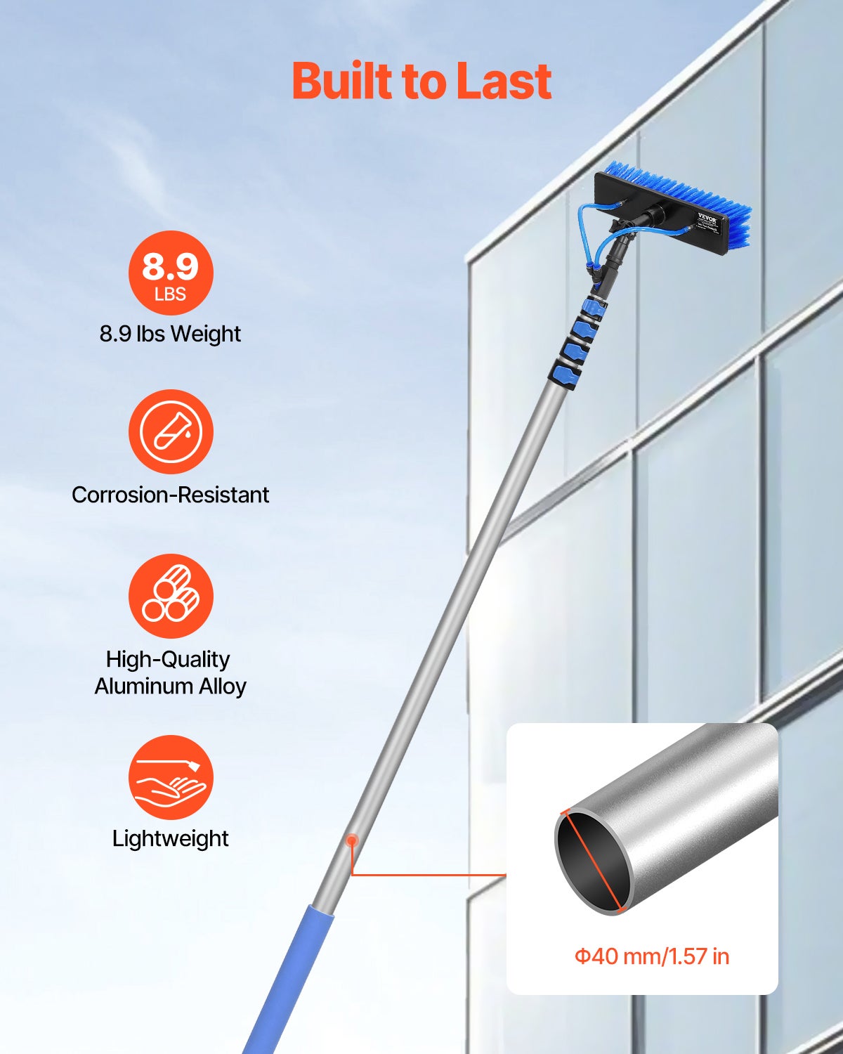 Kit perche télescopique 9 m,VEVOR brosse PP rotative 180°,tuyau 20 m,outil nettoyage panneaux solaires/vitres alimenté eau - 5